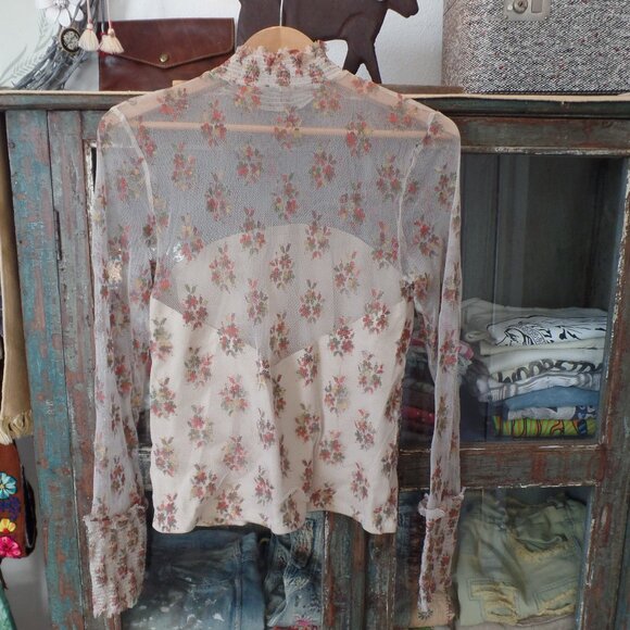 Free People Mesh Layering Top Reversable Floral Permanent Lined Ruched Shirt L - Picture 6 of 7